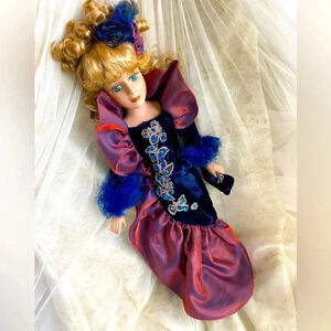 Cute Blue & Purple frills costume Girl porcelain doll with Blonde Hair Curls 18"